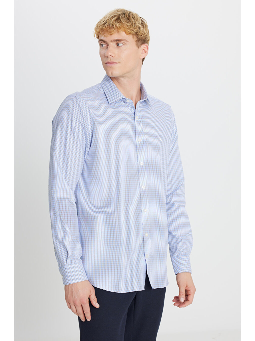 Erkek Mavi Haki Ütü Gerektirmeyen %100 Pamuk Slim Fit Klasik Yaka Armürlü Gömlek-2