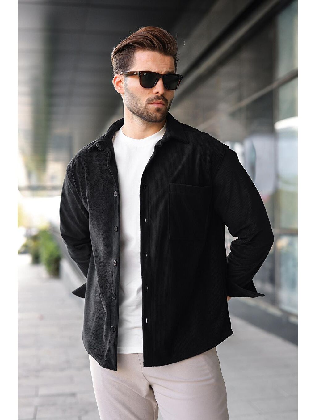 Siyah Düğmeli Kadife Erkek Gömlek E6766-1