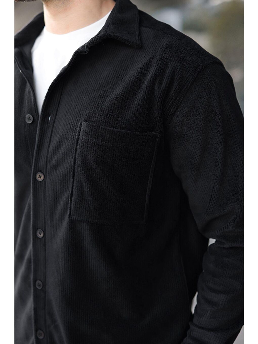 Siyah Düğmeli Kadife Erkek Gömlek E6766-2