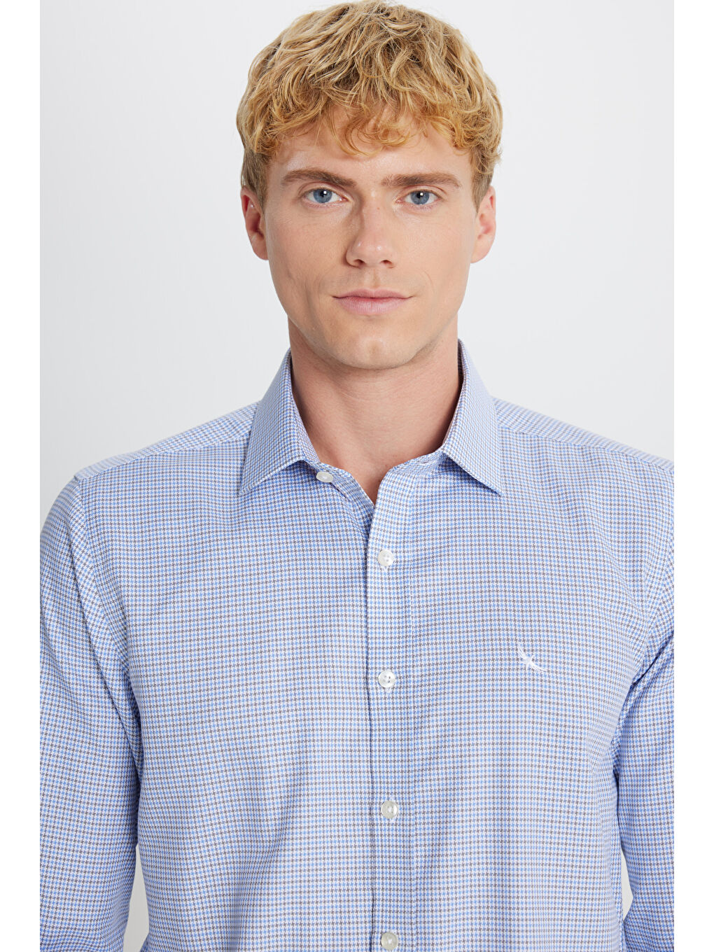 Erkek Mavi Haki Ütü Gerektirmeyen %100 Pamuk Slim Fit Klasik Yaka Armürlü Gömlek-3