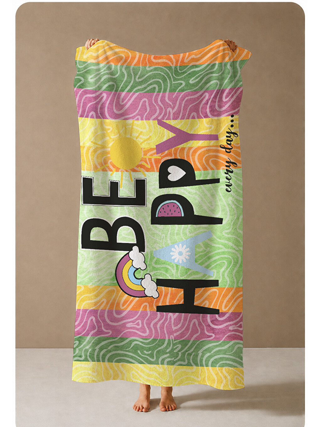 Mavi Renkli Çiçekli Pozitif Mesaj Desenli 70x150 Cm Dijital Baskılı Plaj Ve Banyo Havlusu-2