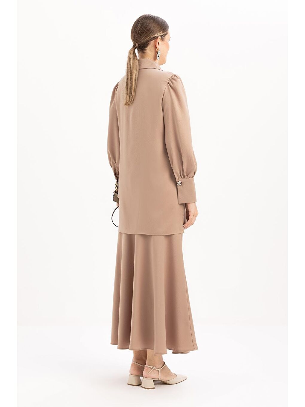 Bej Vizon-Kol Büzgülü Düğmeli Gömlek-2