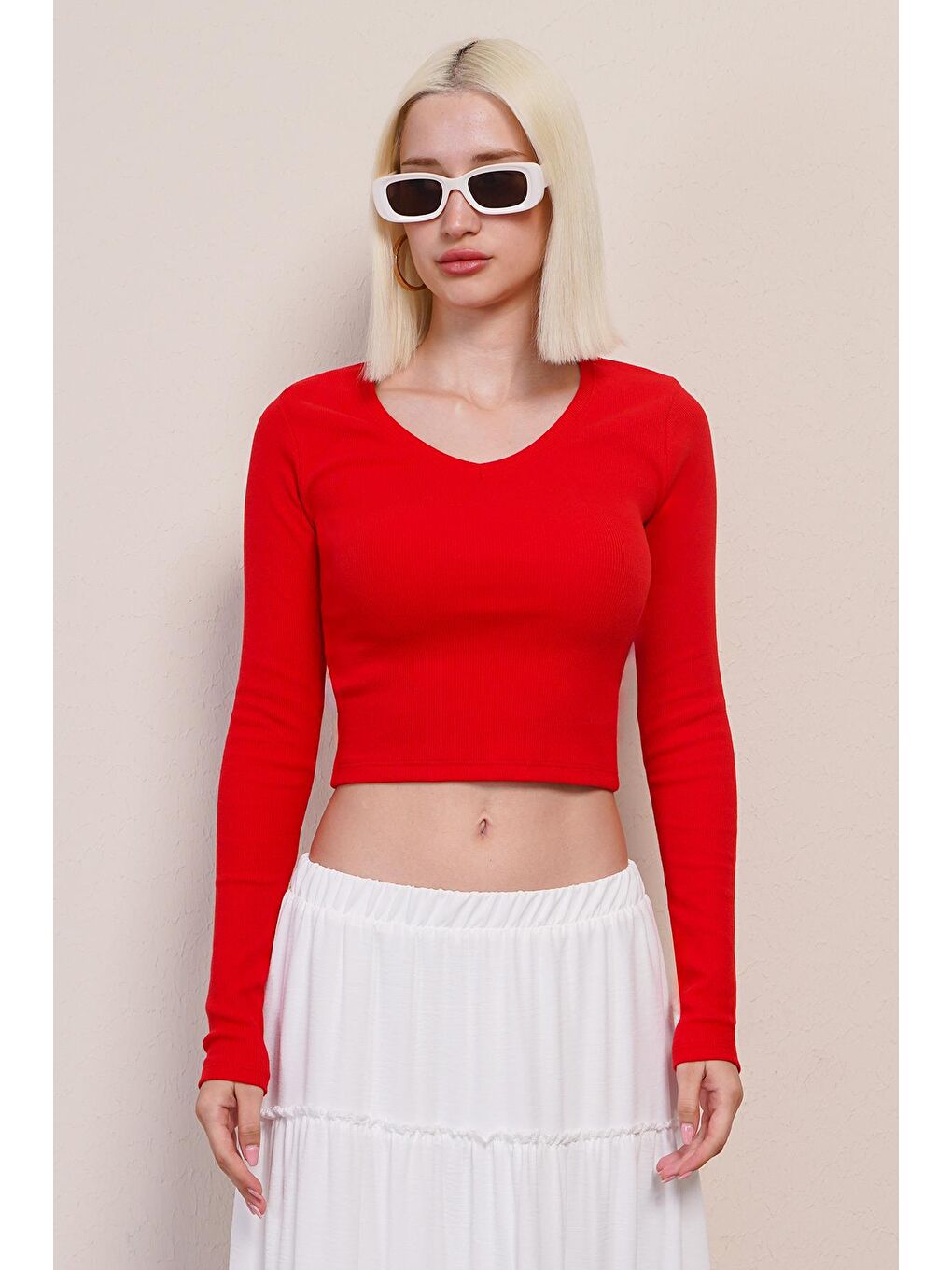 Kırmızı V Yaka Uzun Kollu Kaşkorse Body Mg2192-3