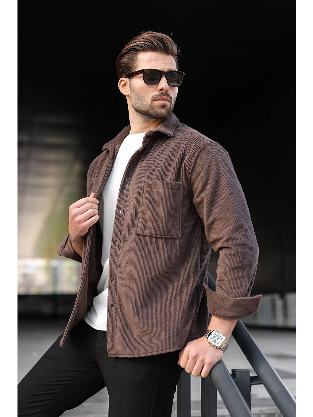 Kahverengi Düğmeli Kadife Erkek Gömlek E6766-1