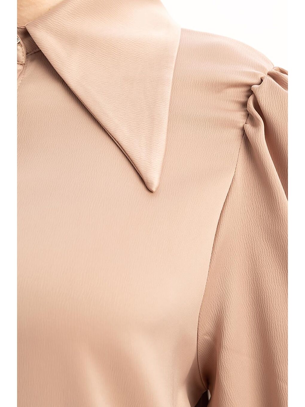 Bej Vizon-Kol Büzgülü Düğmeli Gömlek-4