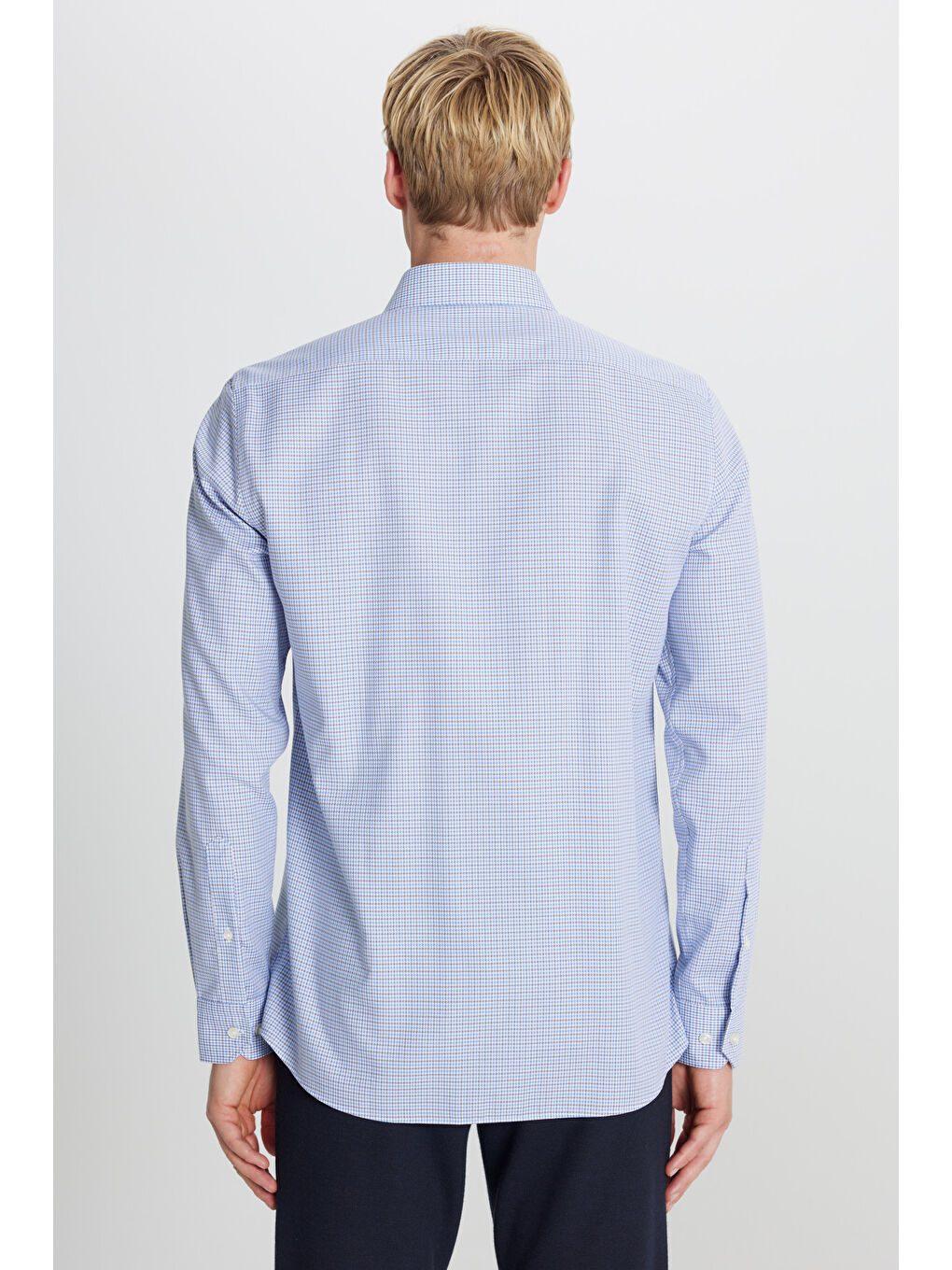 Erkek Mavi Haki Ütü Gerektirmeyen %100 Pamuk Slim Fit Klasik Yaka Armürlü Gömlek-4