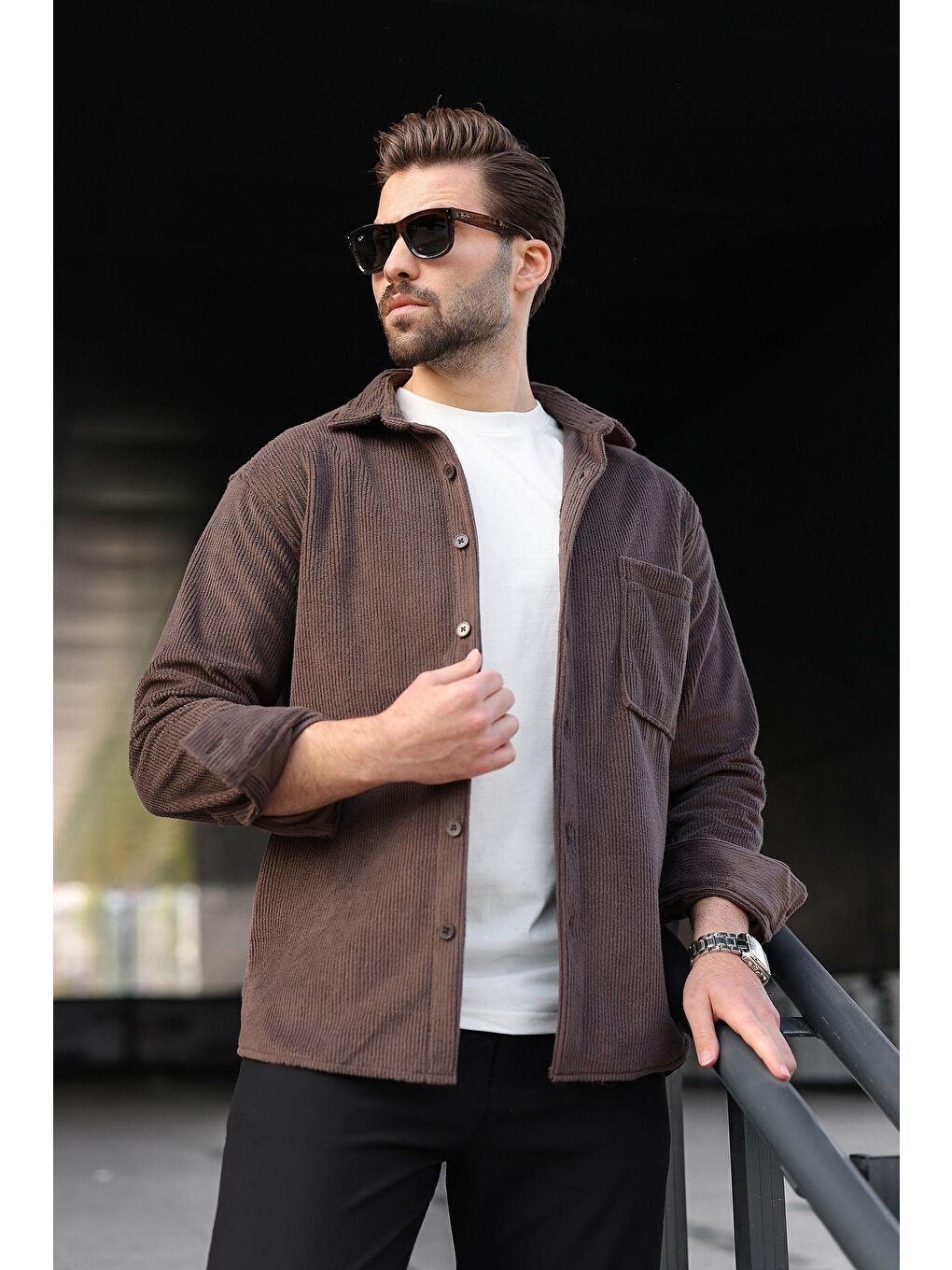Kahverengi Düğmeli Kadife Erkek Gömlek E6766-2
