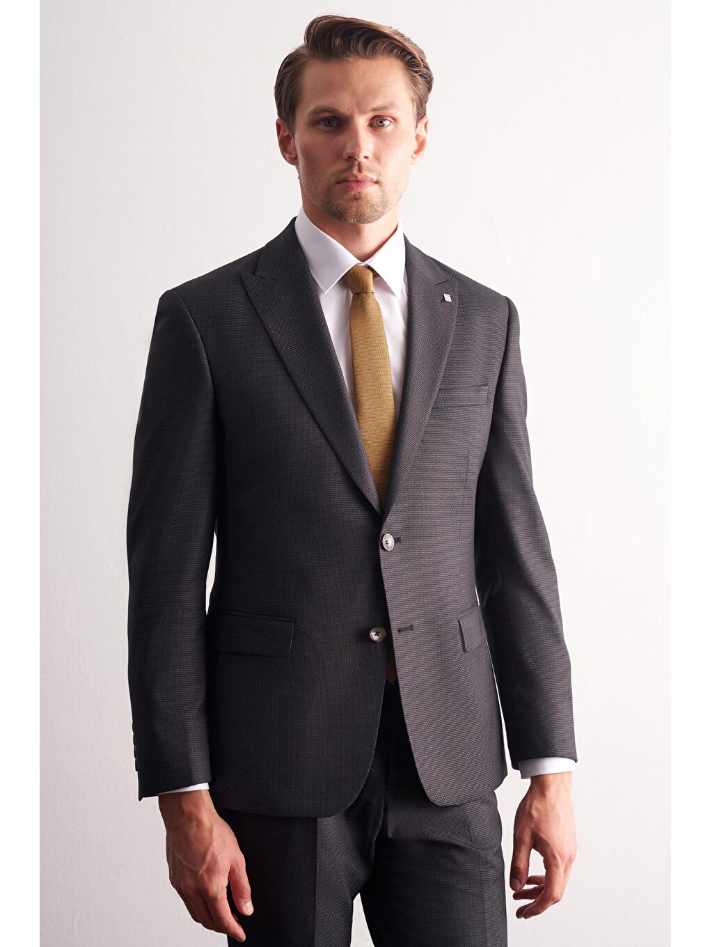 Antrasit Kırlangıç Yaka Kendinden Desenli Esnek Bel Slim Fit 6 Drop Takım Elbise 1001255167-1