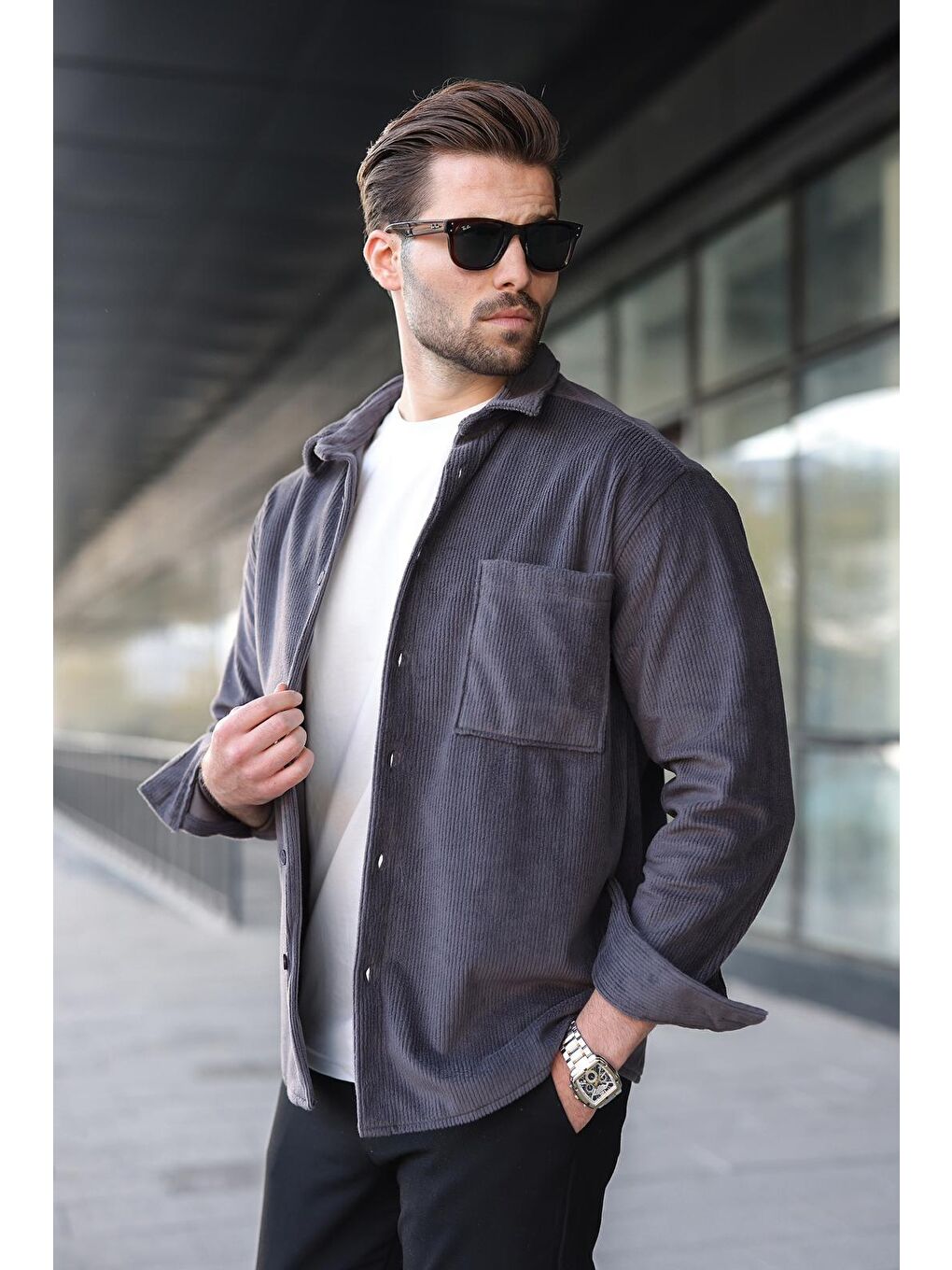 Gri Füme Düğmeli Kadife Erkek Gömlek E6766