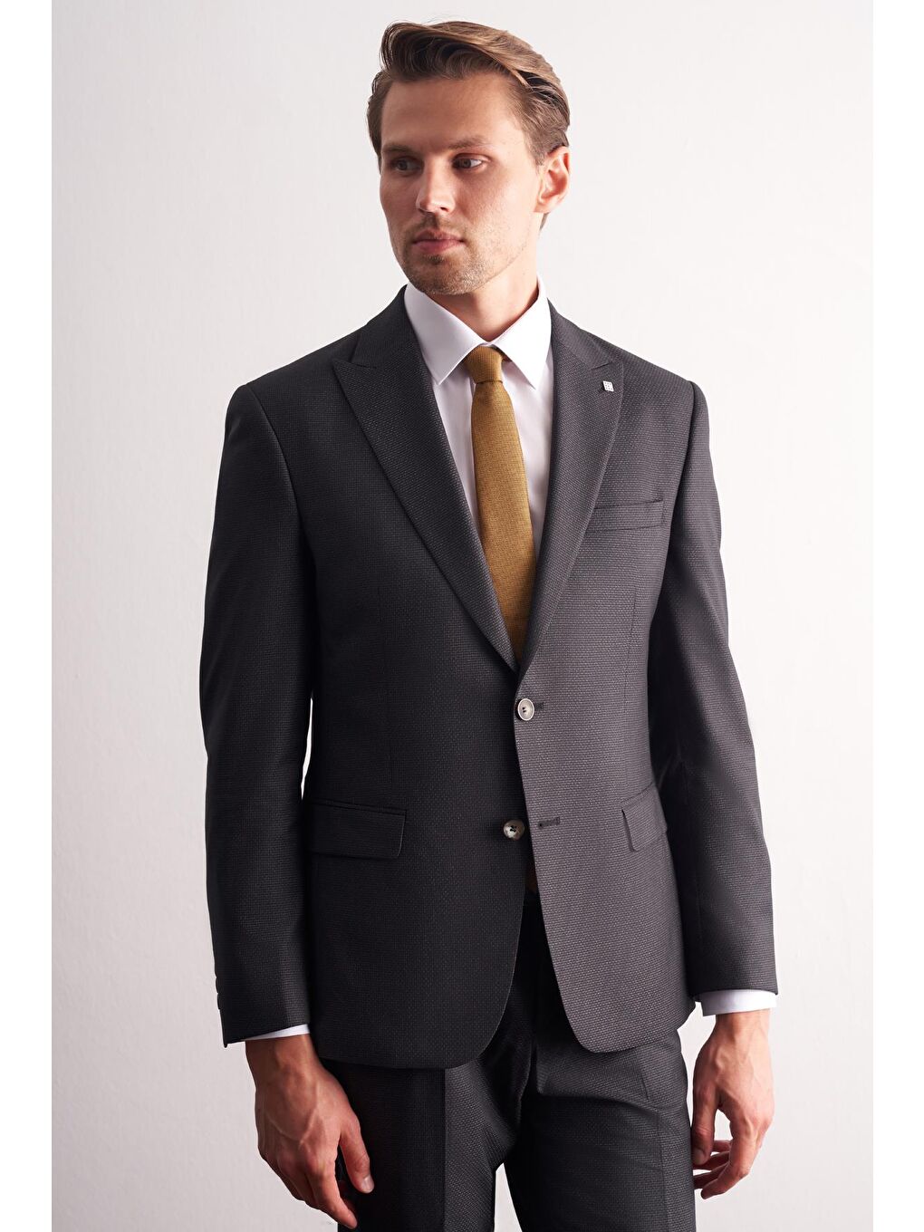 Antrasit Kırlangıç Yaka Kendinden Desenli Esnek Bel Slim Fit 6 Drop Takım Elbise 1001255167-2