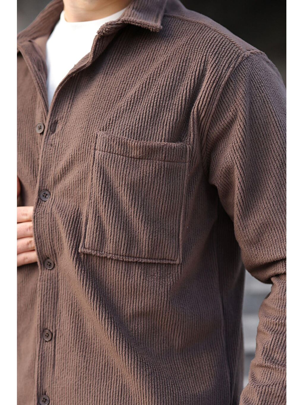 Kahverengi Düğmeli Kadife Erkek Gömlek E6766-3