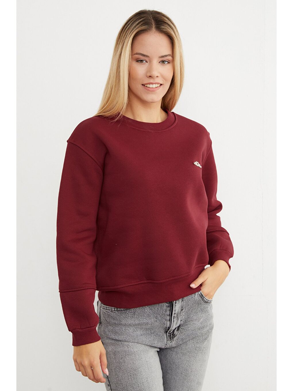 Bordo 3 İplik Metal Aksesuarlı Bisiklet Yaka Sweatshirt-1