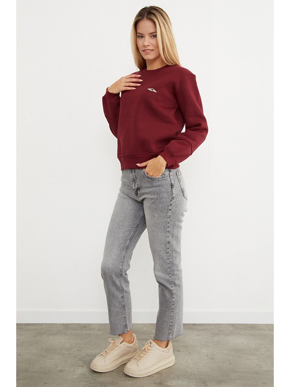 Bordo 3 İplik Metal Aksesuarlı Bisiklet Yaka Sweatshirt-2