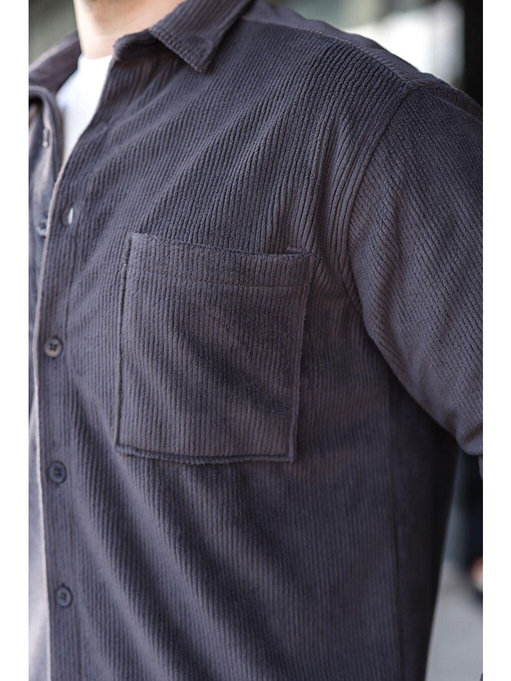 Gri Füme Düğmeli Kadife Erkek Gömlek E6766-1