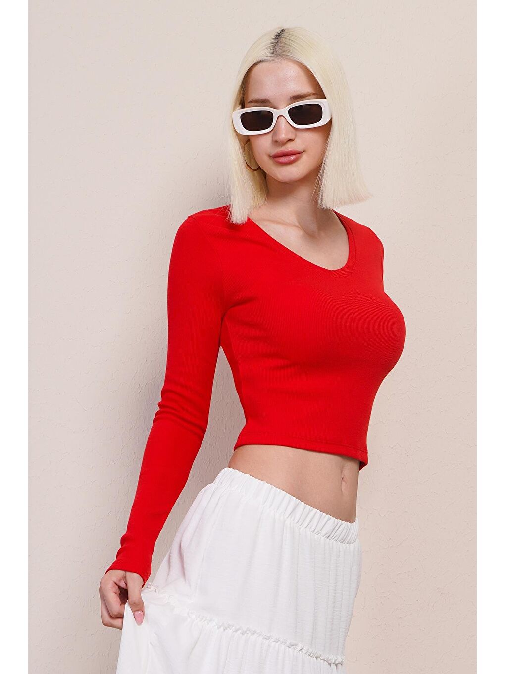 Kırmızı V Yaka Uzun Kollu Kaşkorse Body Mg2192-4