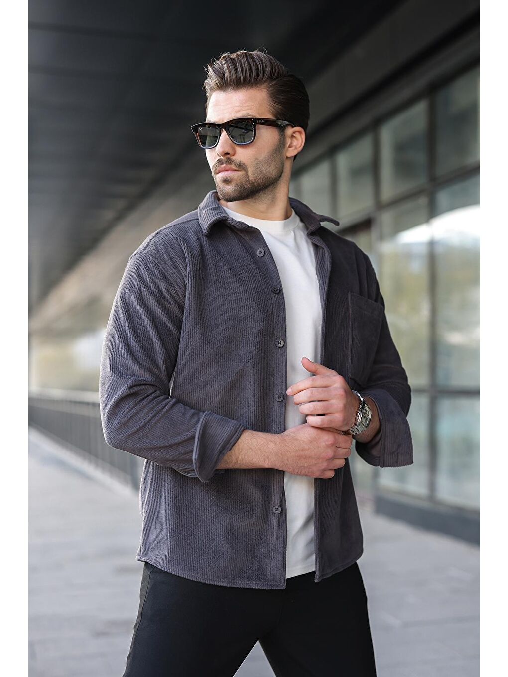 Gri Füme Düğmeli Kadife Erkek Gömlek E6766-2