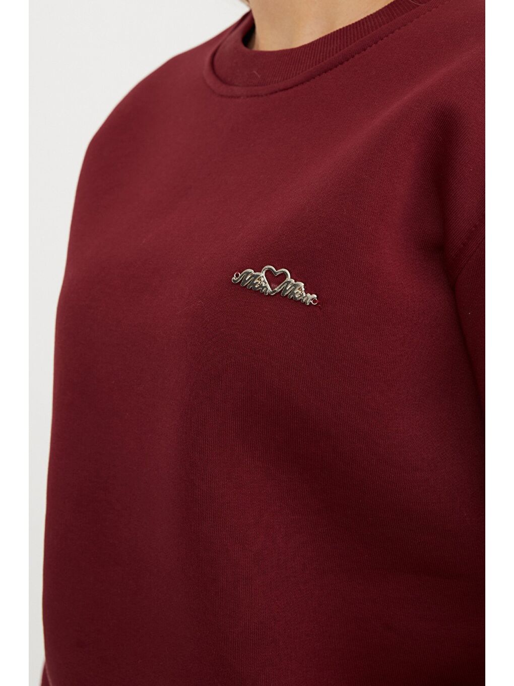 Bordo 3 İplik Metal Aksesuarlı Bisiklet Yaka Sweatshirt-4