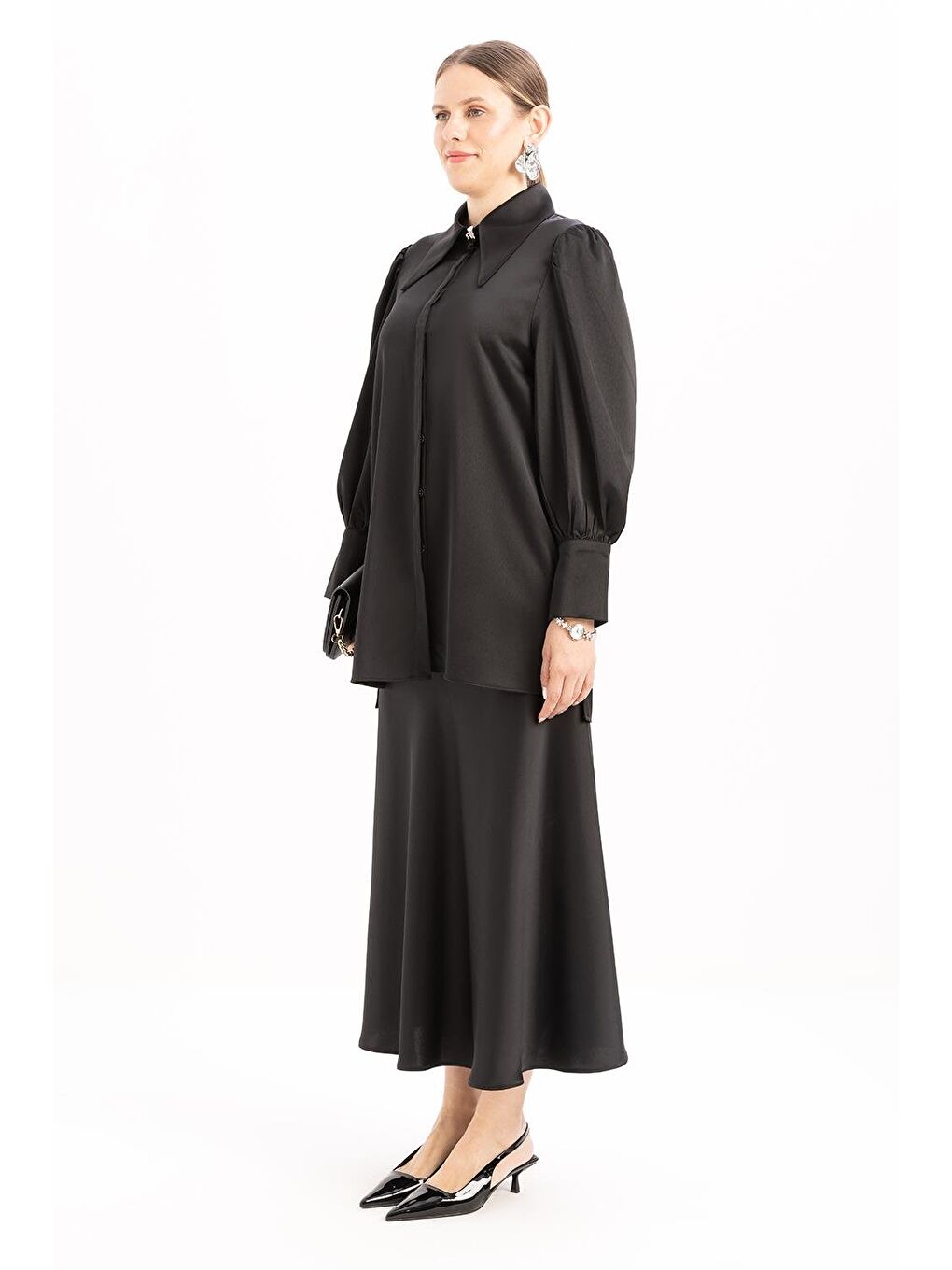 Siyah-Kol Büzgülü Düğmeli Gömlek-2