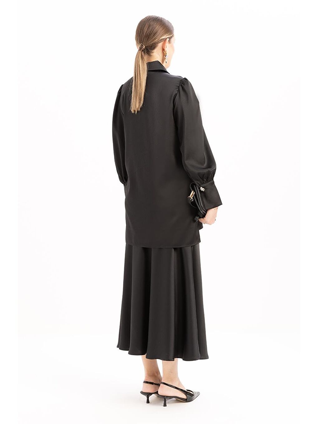 Siyah-Kol Büzgülü Düğmeli Gömlek-3