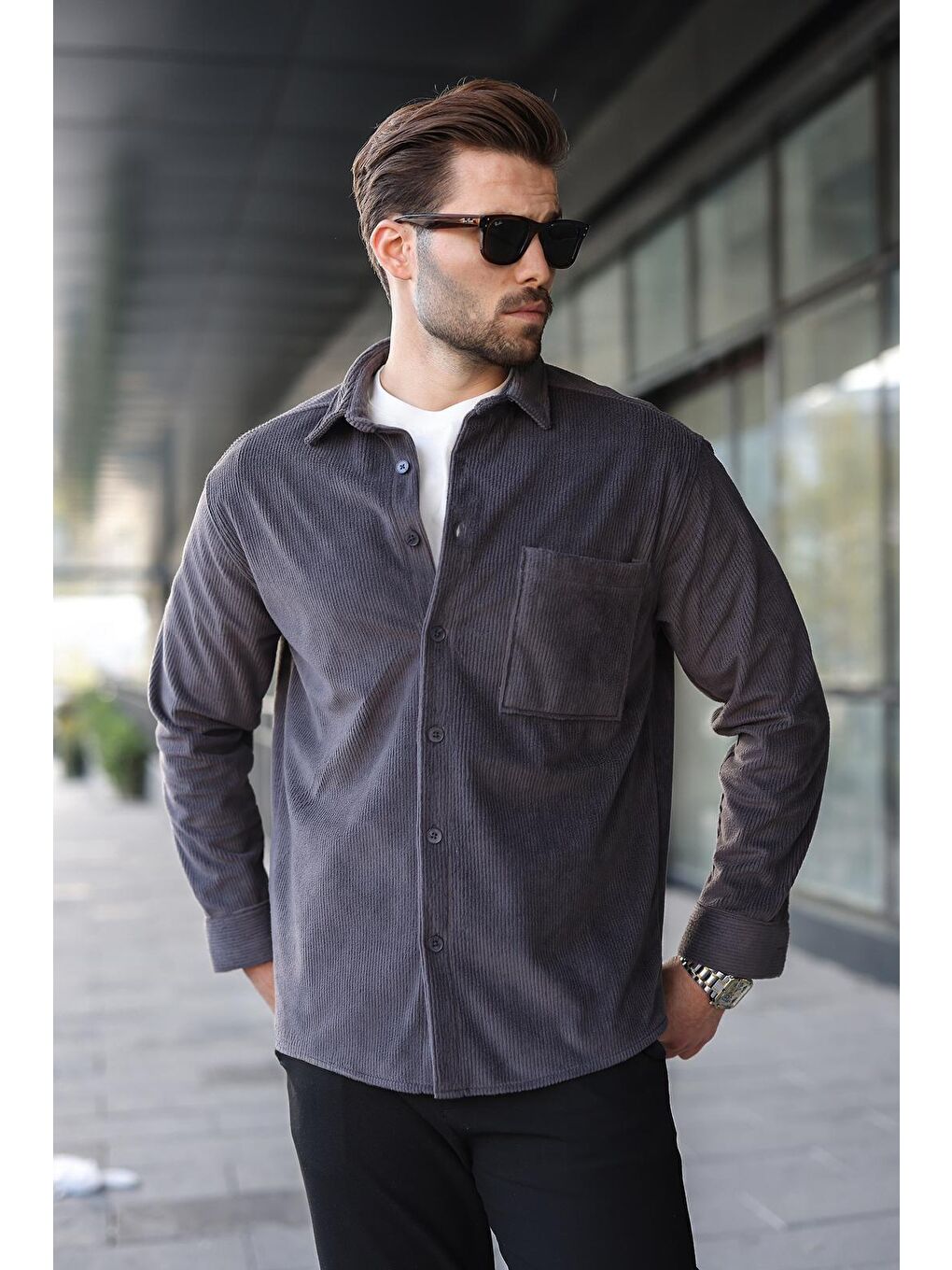Gri Füme Düğmeli Kadife Erkek Gömlek E6766-3