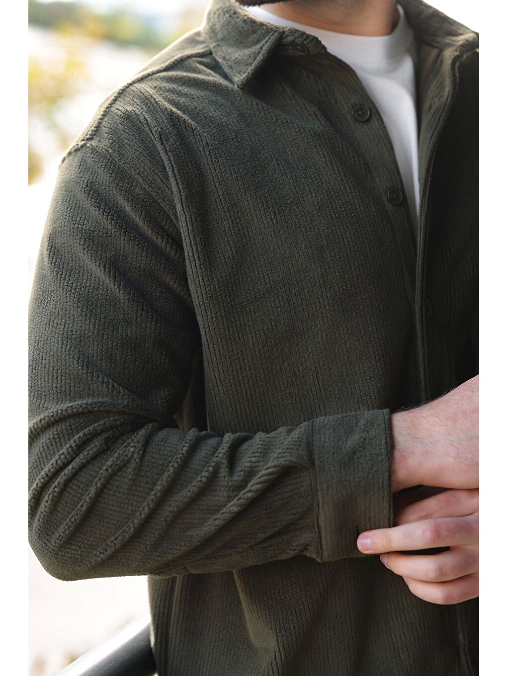 Haki Düğmeli Kadife Erkek Gömlek E6766-1