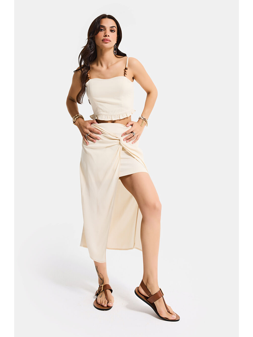 Kadın Bej s6-57 Maxi Yırtmaçlı Önden Bağlamalı Poliviskon Tasarım Etek-2
