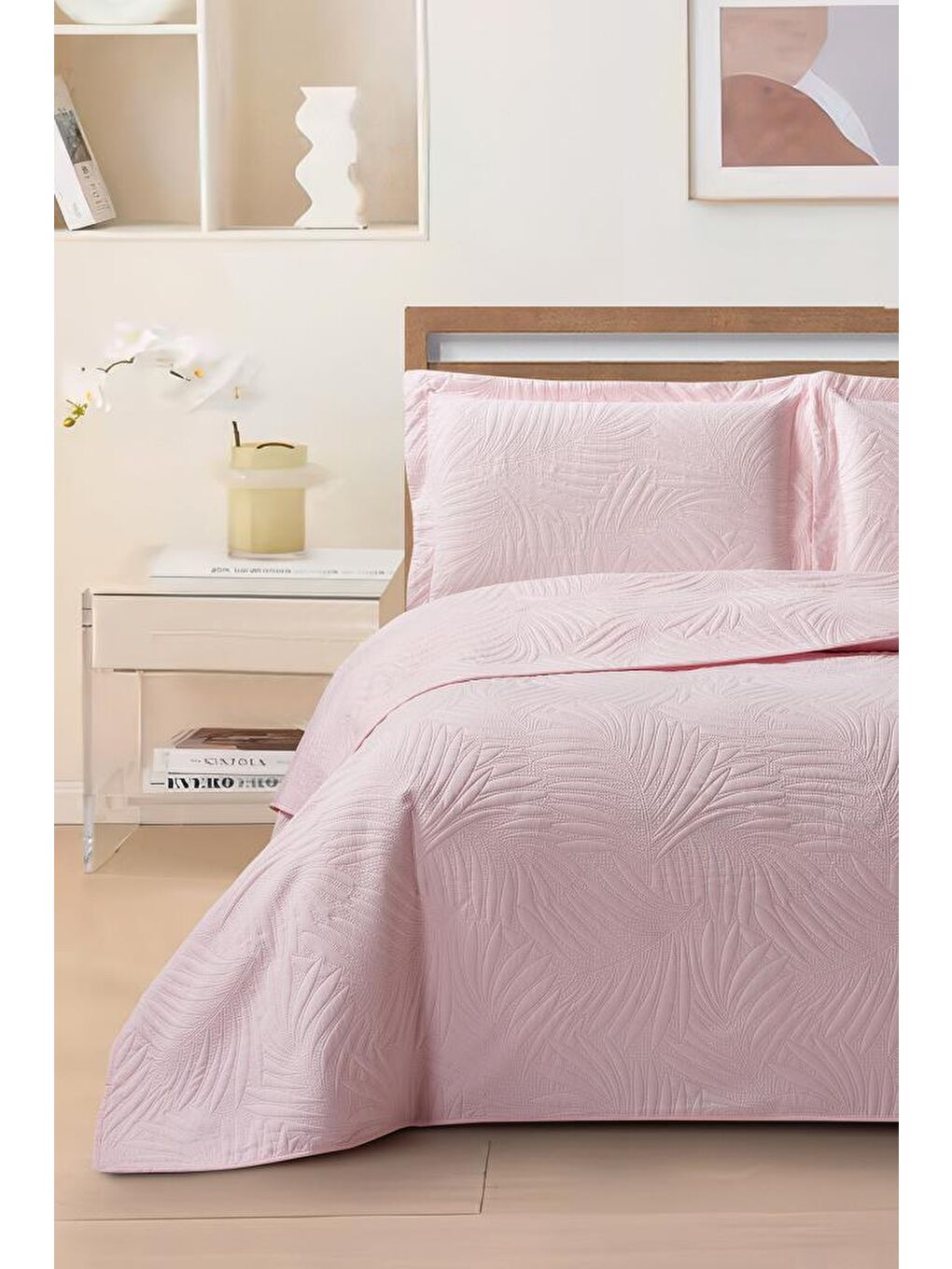 Karışık Prag Elyaf Dolgulu Çift Kişilik 240x260 Cm Yatak Örtüsü Pudra