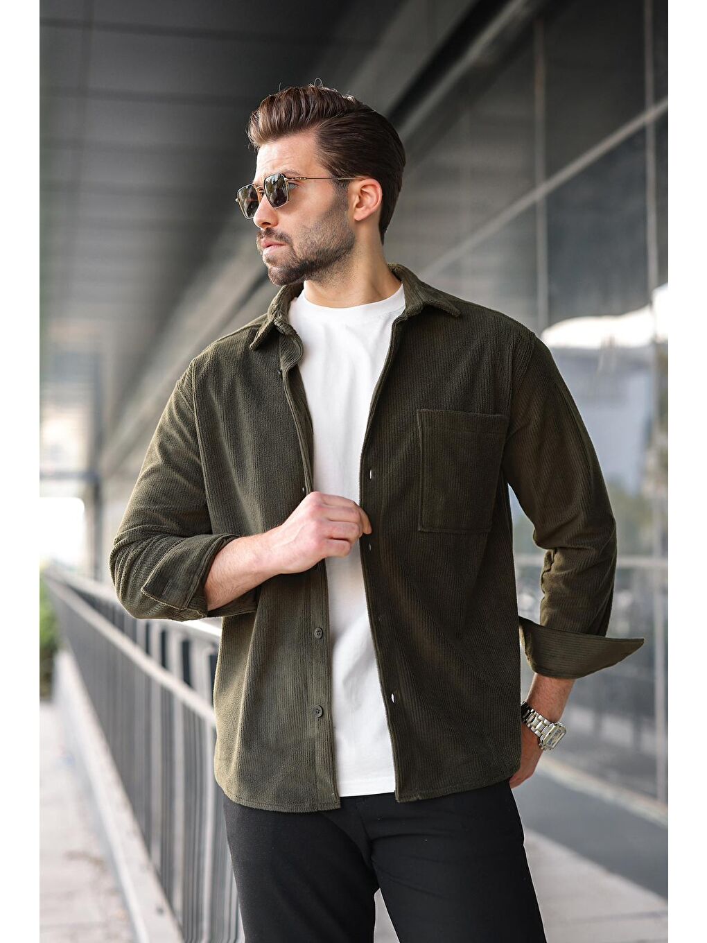 Haki Düğmeli Kadife Erkek Gömlek E6766-3
