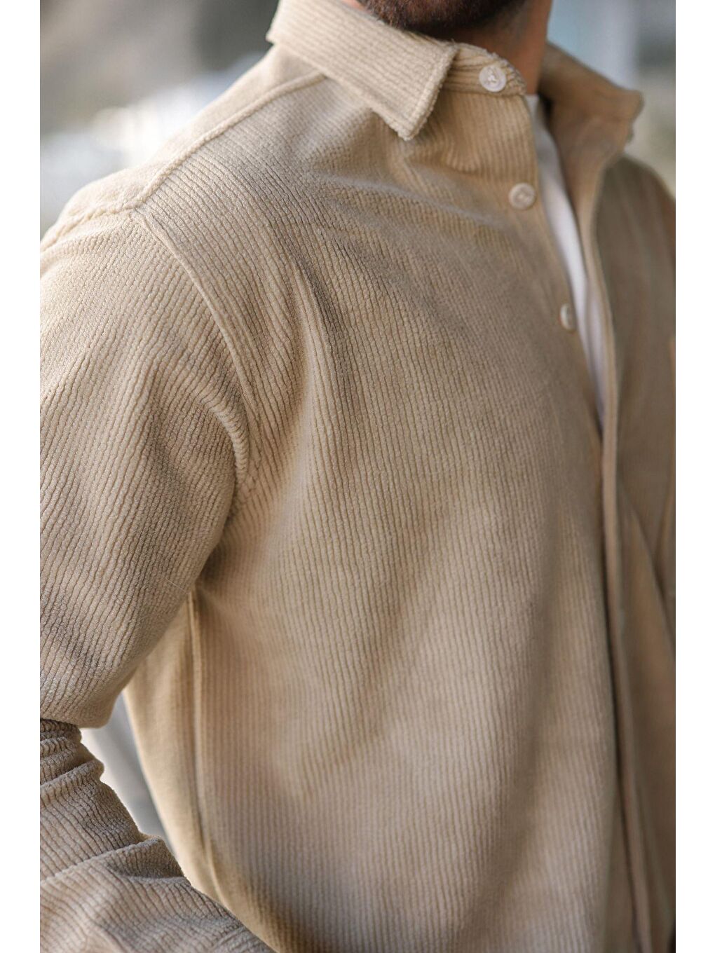 Bej Düğmeli Kadife Erkek Gömlek E6766-2