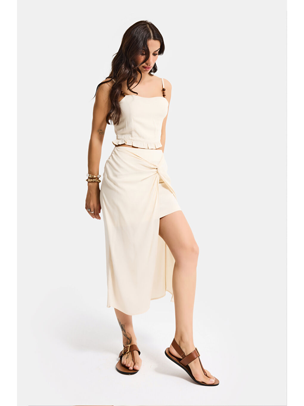Kadın Bej s6-57 Maxi Yırtmaçlı Önden Bağlamalı Poliviskon Tasarım Etek-4