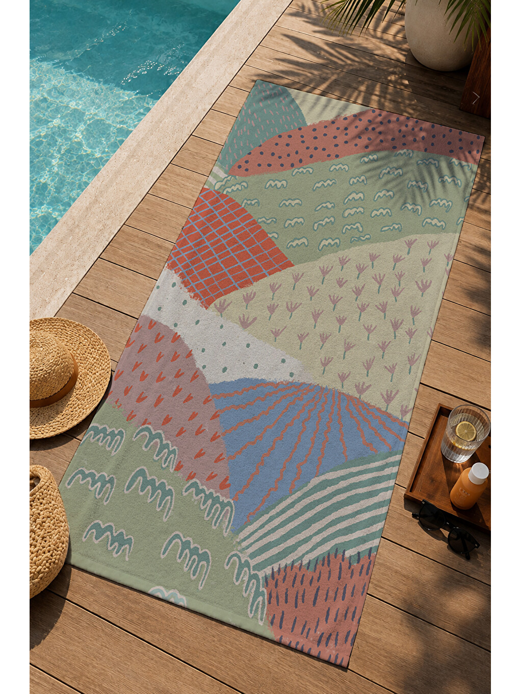 Pembe Pastel Patchwork Geometrik Dalga Desenli 70x150 Cm Dijital Baskılı Plaj Ve Banyo Havlusu-2