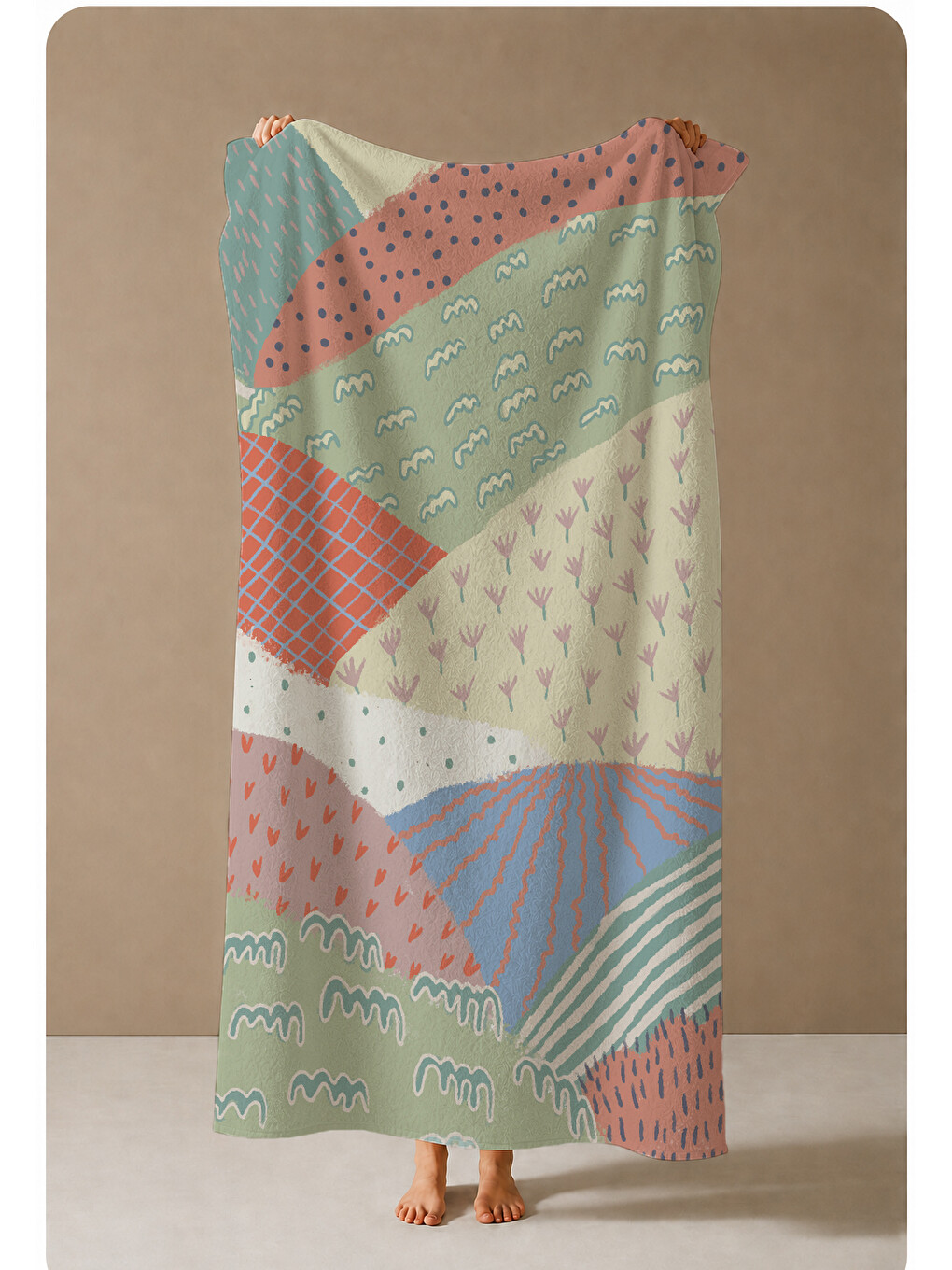 Pembe Pastel Patchwork Geometrik Dalga Desenli 70x150 Cm Dijital Baskılı Plaj Ve Banyo Havlusu-3