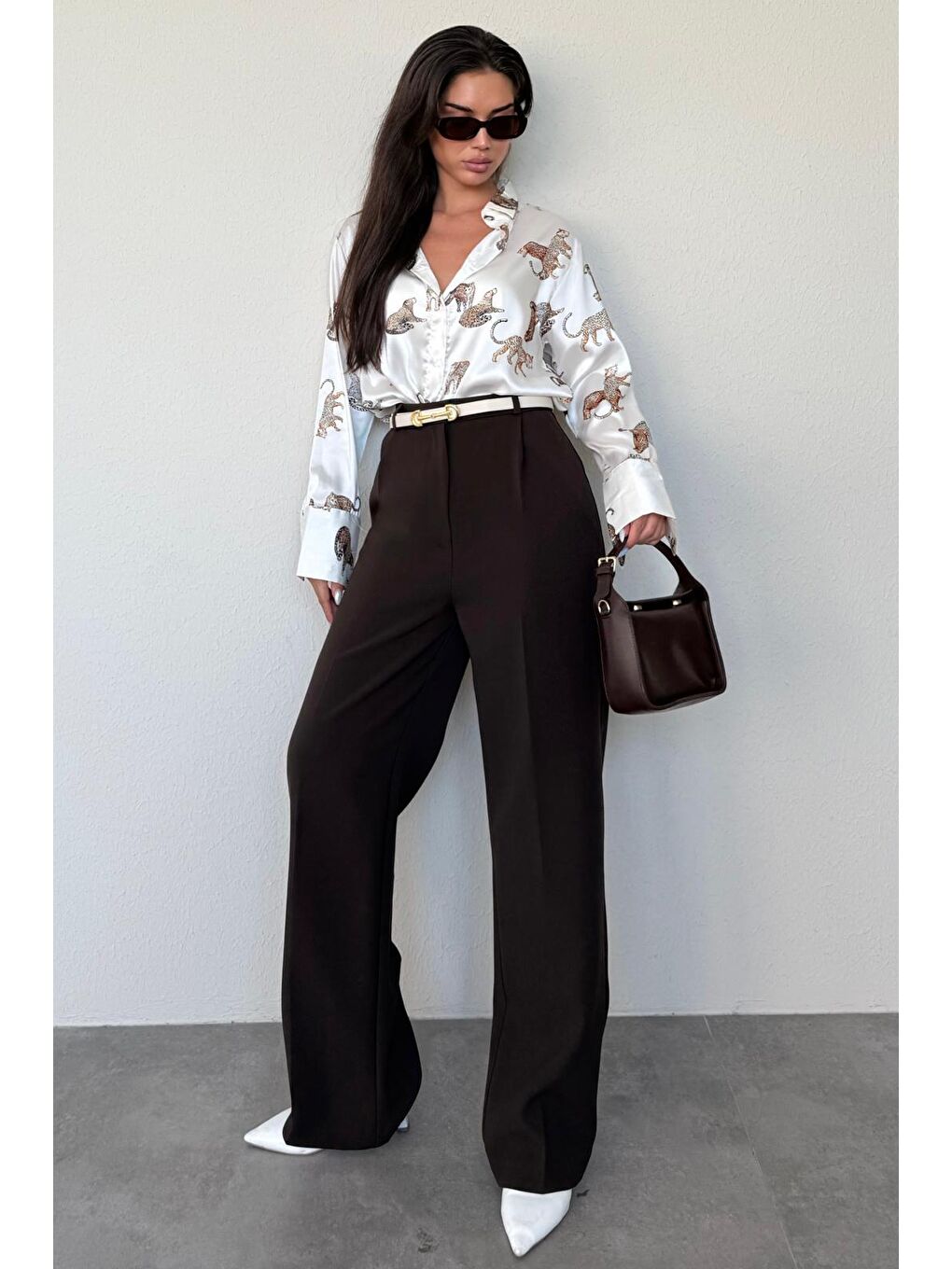 Kahverengi Yüksek Bel Kadın Palazzo Pantolon Mg2506