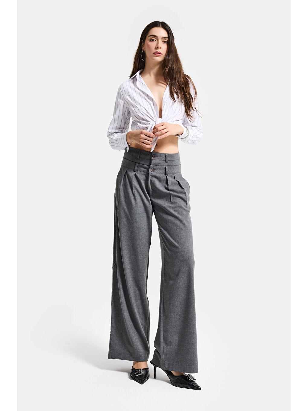 Kadın Antrasit s6 Tailored Fit Bol Kesim Çift Kemer Tasarım Poliviskon Kumaş Pantolon-1