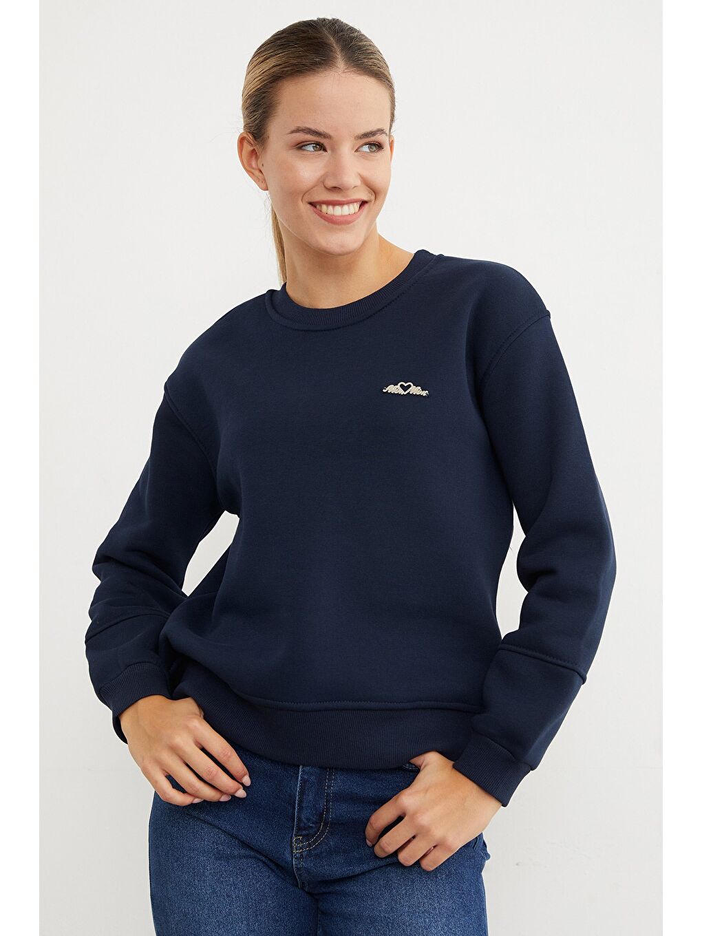 Lacivert 3 İplik Metal Aksesuarlı Bisiklet Yaka Sweatshirt