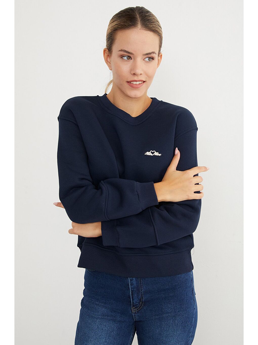 Lacivert 3 İplik Metal Aksesuarlı Bisiklet Yaka Sweatshirt-2