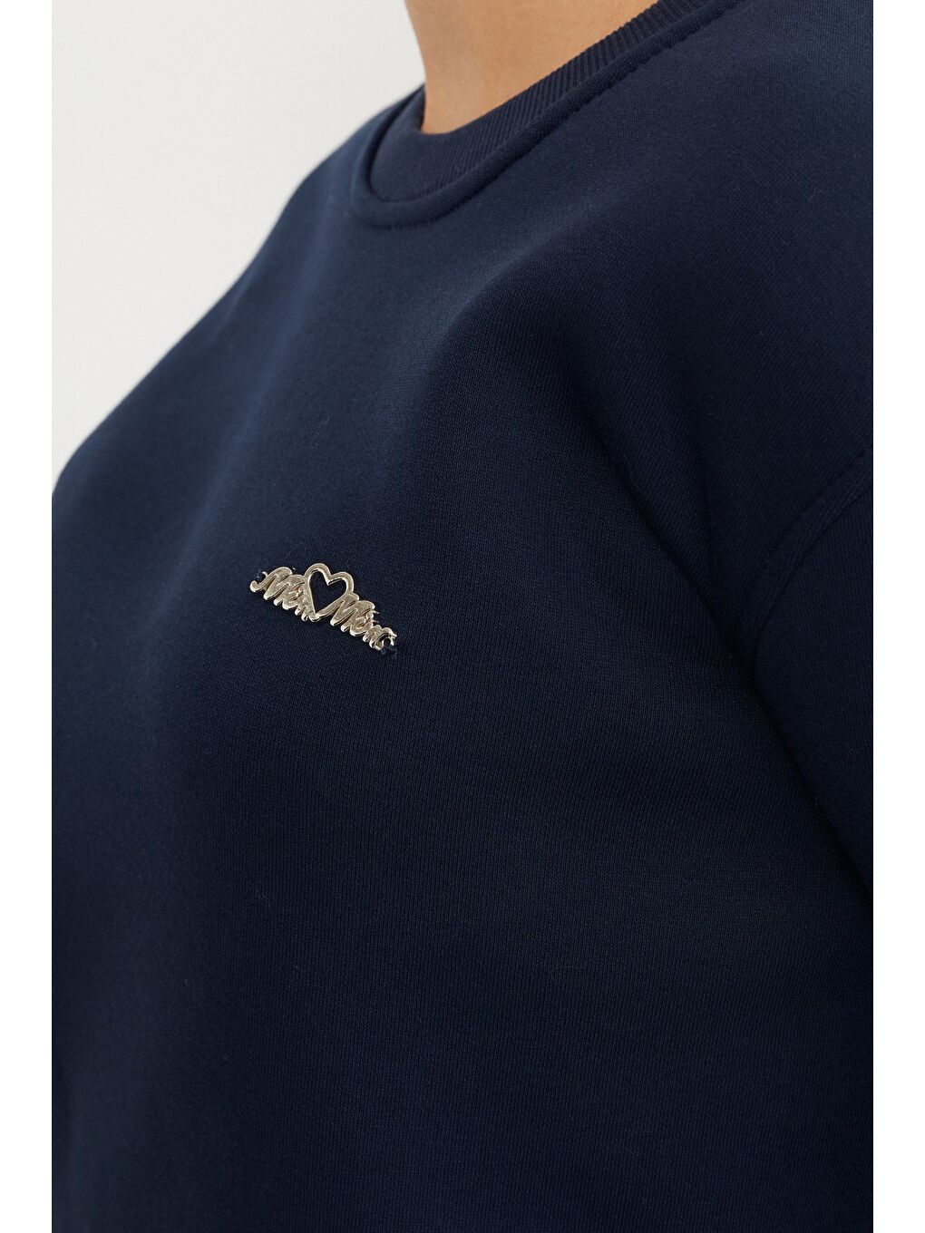 Lacivert 3 İplik Metal Aksesuarlı Bisiklet Yaka Sweatshirt-3