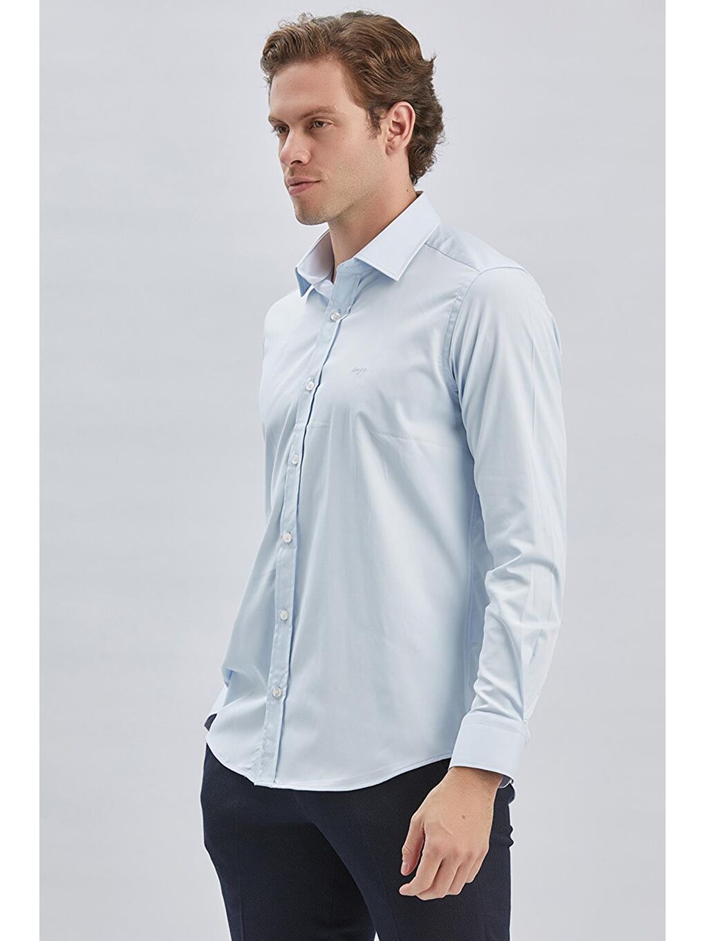 Koyu Mavi Uzun Kollu Sert Yaka Cepsiz Pamuklu Elastanlı Klasik Slim Fit Dar Kesim Gömlek 1004240234-3