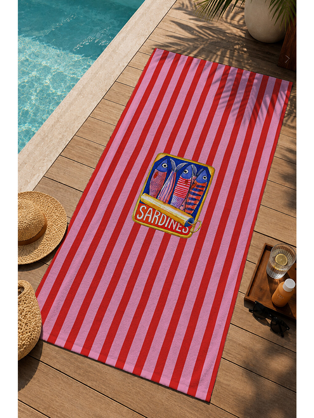 Kırmızı Çizgili Retro Konserve Kutusu Motifli 70x150 Cm Dijital Baskılı Plaj Ve Banyo Havlusu-2