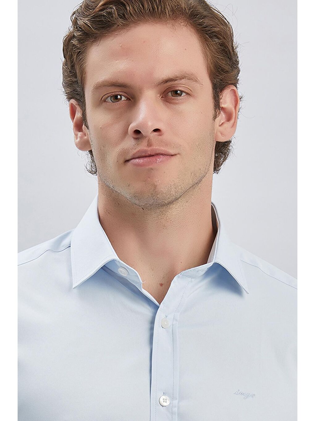 Koyu Mavi Uzun Kollu Sert Yaka Cepsiz Pamuklu Elastanlı Klasik Slim Fit Dar Kesim Gömlek 1004240234-5