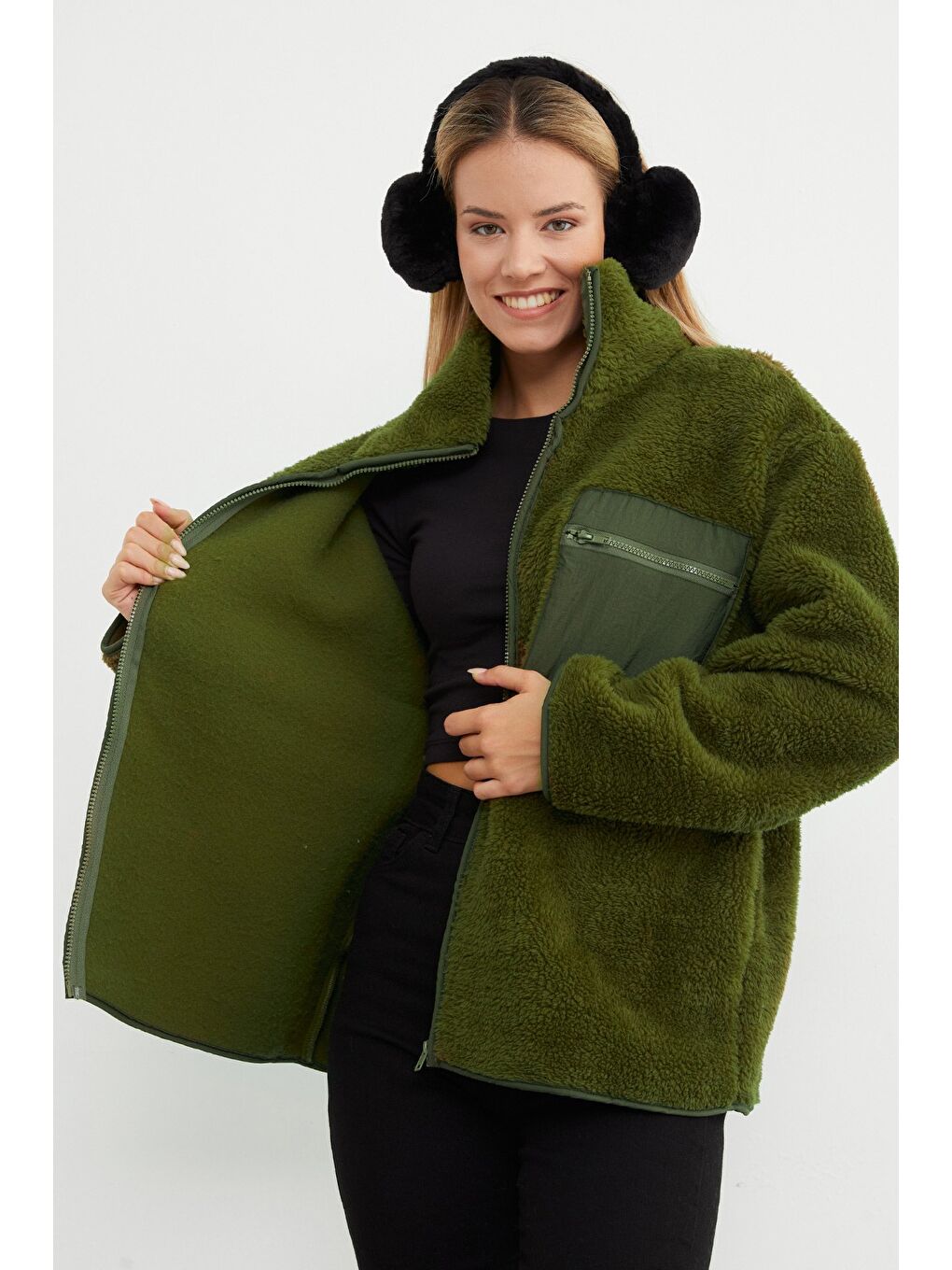 Haki Fermuarlı Tek Cepli Dik Yaka Pelüş Mont-2