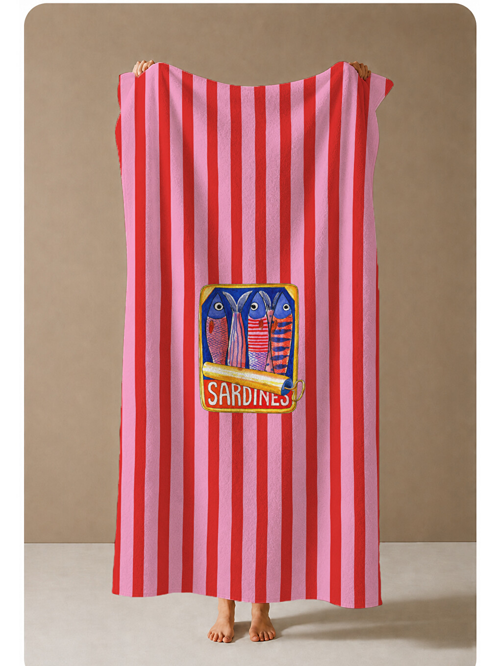 Kırmızı Çizgili Retro Konserve Kutusu Motifli 70x150 Cm Dijital Baskılı Plaj Ve Banyo Havlusu-3