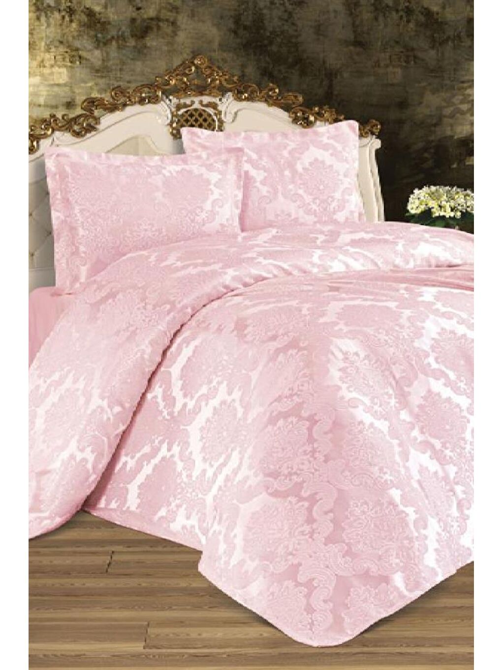 Pembe Busem Jakarlı Şönil Yatak Örtüsü Pudra-1