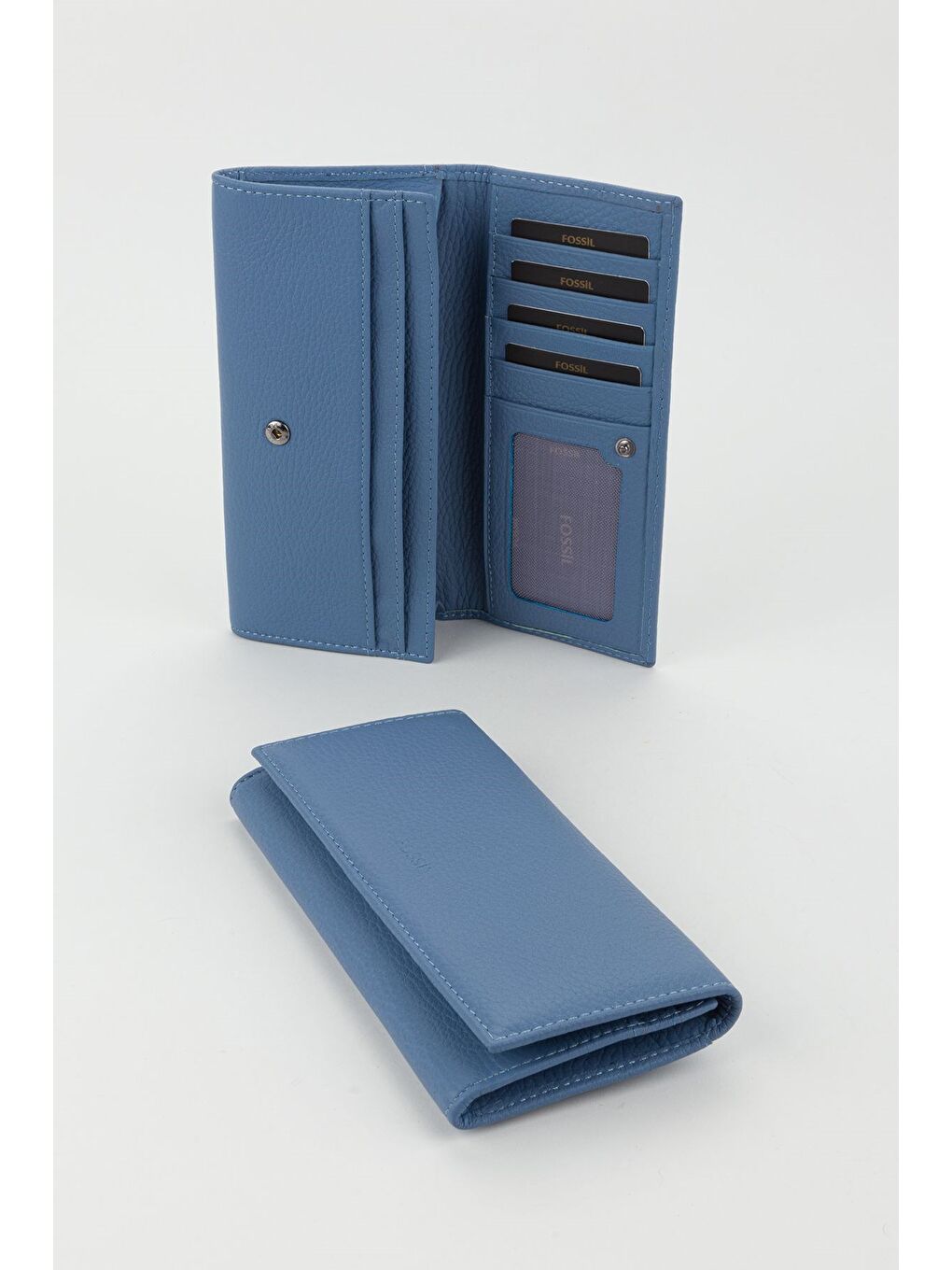 Kutulu Hakiki Deri Buz Mavi Büyük Boy Kadın El Portföyü Kartlık Cüzdan