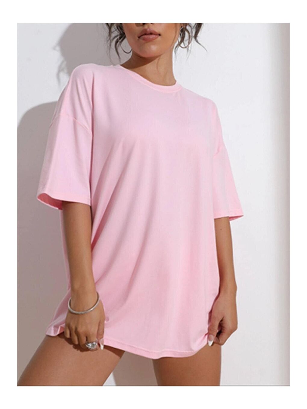 Trendseninle Pembe Kadın Pembe Wish Happy Everyday Baskılı Oversize tişört