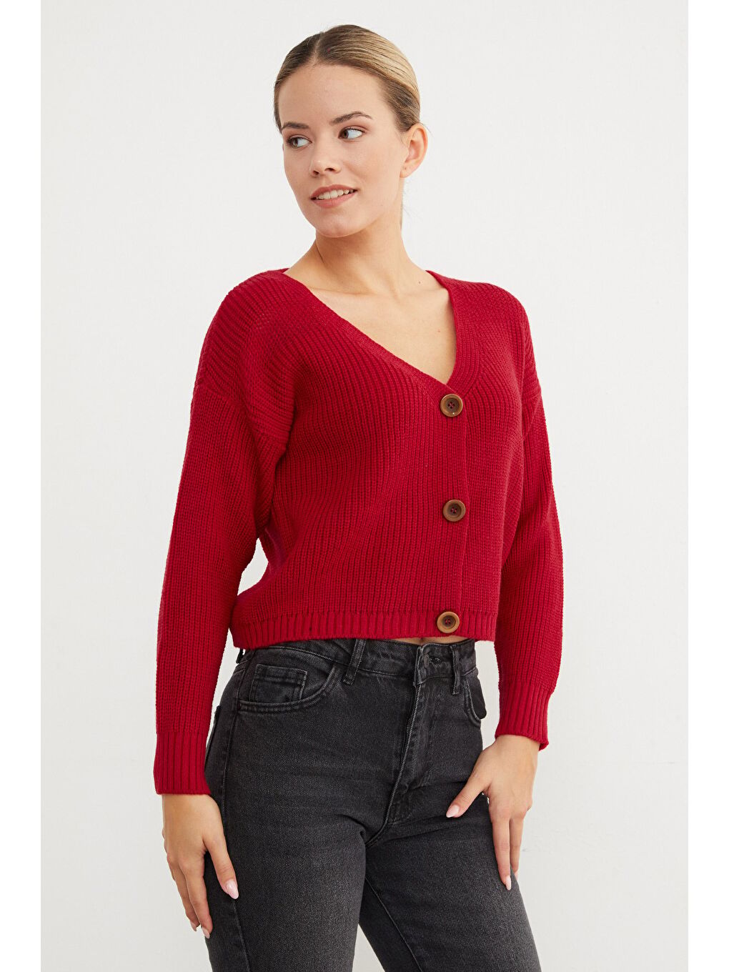 Kırmızı Düğmeli V Yaka Triko Hırka-3