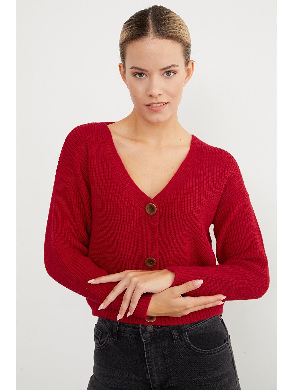 Kırmızı Düğmeli V Yaka Triko Hırka-4