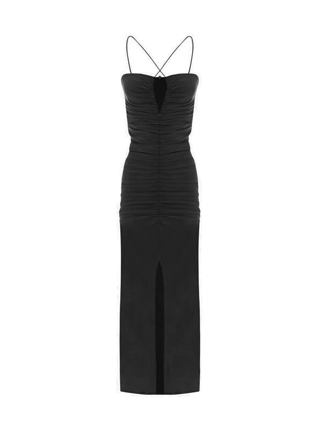 Siyah Çapraz Bağlamalı Drapeli Göğüs Bölgesi Dekolteli Önden Yırtmaçlı Abiye Elbise