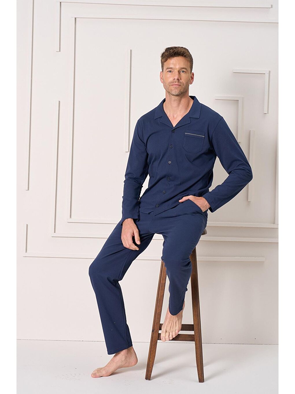 Erkek Penye Süprem Önden Düğmeli Pijama Takımı | Lacivert 2157