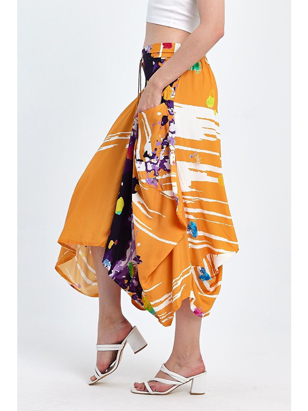 Sarı Kadın Digital Baskı Şalvar Etek 984-4